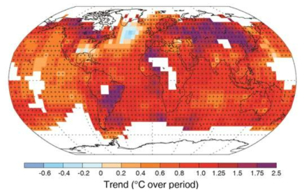 과거 100년간 지역별 표면 온도 변화(1901~2012) 자료: IPCC 5차 보고서