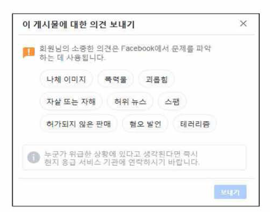 페이스북의 게시물 신고 옵션