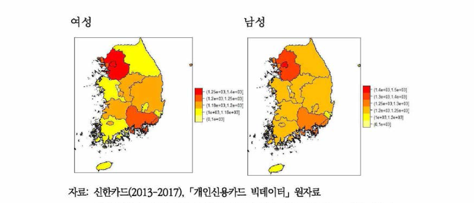 성별, 지역별 월1회 이상 주류소비하는 소비자 분포