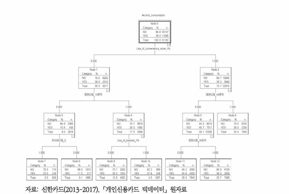 의사결정나무 모형의 주류소비유형에 영향을 미치는 연계활동 패턴 (여성)