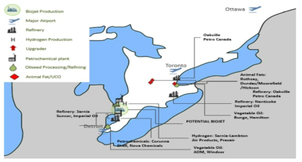 Southwestern Ontario 지역의 HEFA 바이오항공유 공급망(안) 출처: Feasibility study of Canadian biojet fuel supply chain (Novo Energy Group, 2015)