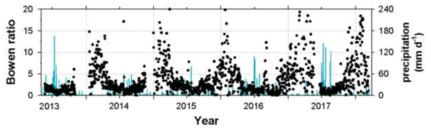 일평균 보웬비(검정색 점)과 일 누적 강수량(파란색 막대)(2013년 05월 ~ 2017년 11월)