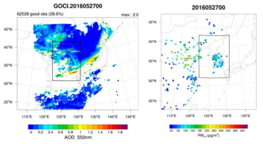 대기질이 나빴던 2016년 5월 27일 00UTC 사례 시 (좌)GOCI AOD와 (우)지상 PM10의 관측 자료 분포도. 도메인 2는 오른쪽 그림에 검은 직사각형으로 표시