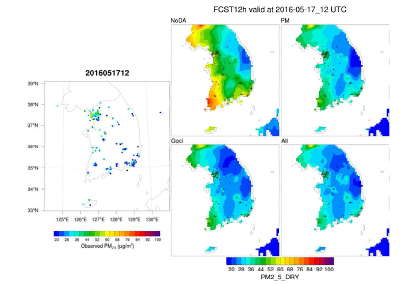 2017년 5월 17일 12시에서의 12시간 초미세먼지(PM2.5 [μg/m3]) 예보의 공간분포도를 각 실험에 대해 비교하고 좌측에 지상관측 값의 분포도 함께 제시함