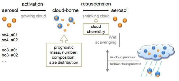 WRF-Chem 모델 내의 에어로졸-구름 상호작용 과정의 모식도(NCAR, 2018a를 재구성)