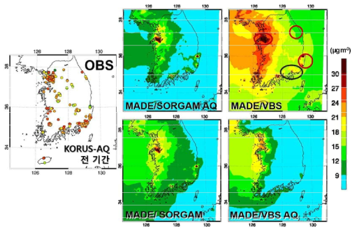 KORUS-AQ 기간에 대해 평균한 화학옵션 민감도 실험 결과의 PM2.5 농도 모의 값 공간분포
