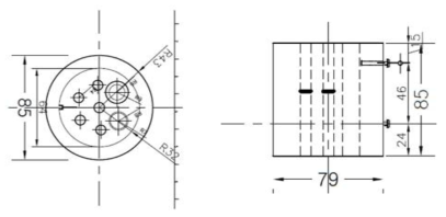 3개의 질산성질소 전극과 기준전극을 적용하기 위한 챔버 캡 도면 Top view(좌), Rear view(우)