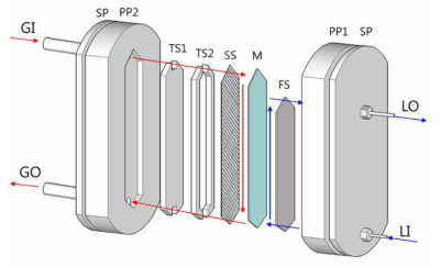 소형 Diffusion scrubber의 모식도 ; GI, gas inlet; GO, gas outlet; PP1, PP2, PEEK Plate; TS1, Teflon filler; TS2, Teflon gas channel; SS, stainless steel screen; M, microporous membrane; FS, fabric screen ; LO, liquid outlet; LI, liquid inlet