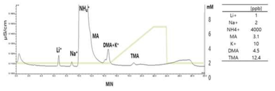 그레디언트 조건에서 고농도 암모늄 중 미량 아민의 크로마토그램 (CS19)