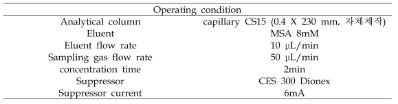 모세관 ICS 5000 system 분석조건(농축컬럼 사용)