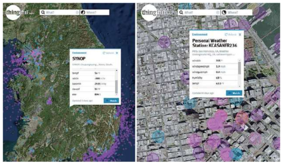 IoT 검색 사이트 싱풀에서 한국 추풍령과 미국 샌프란시스코의 기상관측 자료를 확인한 장면 출처 : https://www.thingful.net