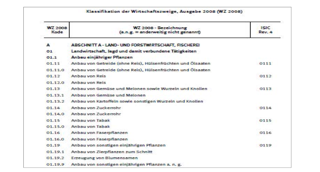 경제적 활동의 분류체계(Klassifikation der Wirtschaftszweige, WZ-2008) 예시