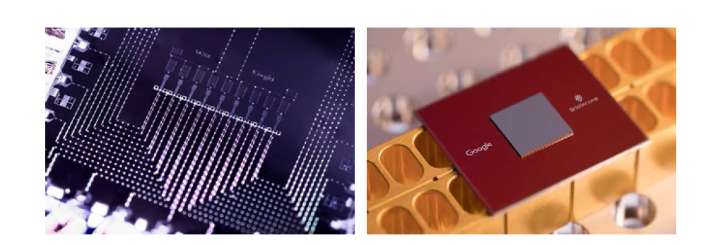 Google의 9-큐비트 프로세서 칩(좌) 및 72-큐비트 Bristlecone 프로세서(우)