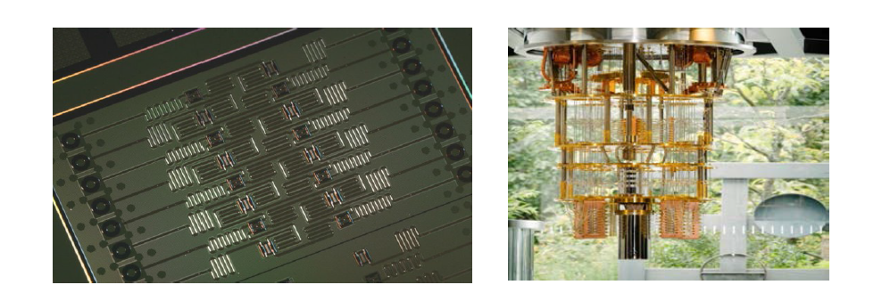 IBM의 16-큐비트 프로세서 칩(좌) 및 50-큐비트 양자컴퓨터 시스템(우)