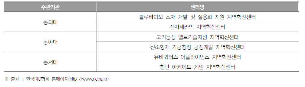 부산광역시 지역혁신센터(RIC) 현황(2017년)