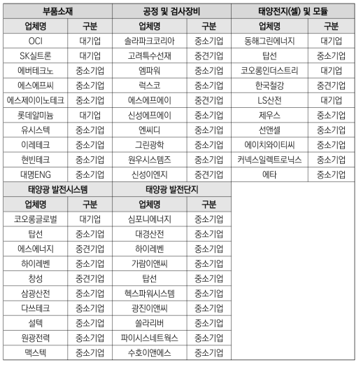 실리콘 태양전지 분야 가치사슬별 기술사업화 실적 상위기업(10개)