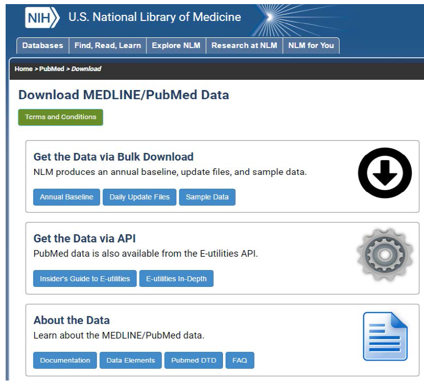 Pubmed 문헌정보 제공 웹사이트 정보 ※ 출처: U.S. National Library of Medicine ( https://www.nlm.nih.gov/databases/download/pubmed_medline.html)