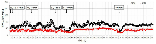 9월~11월 최초침전지 월류수 및 유출수 SCODCr 농도 거동