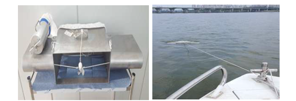 Sampling equipment (manta trawl net, left) and sampling in Han river (right)