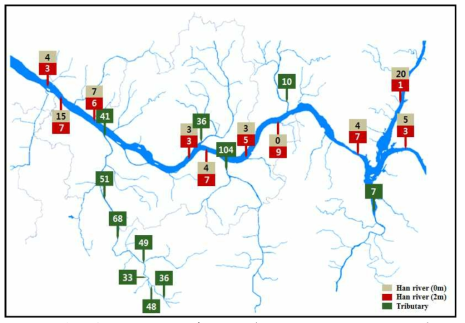 Concentration of microplastics in Han river and its tributaries
