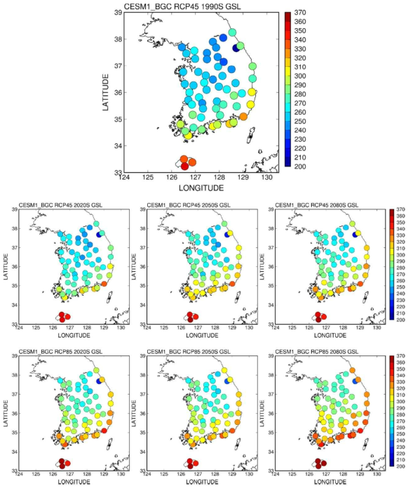 CESM1_BGC 모형에 의한 ASOS 관측지점의 미래 식물성장기간(GSL) 변화