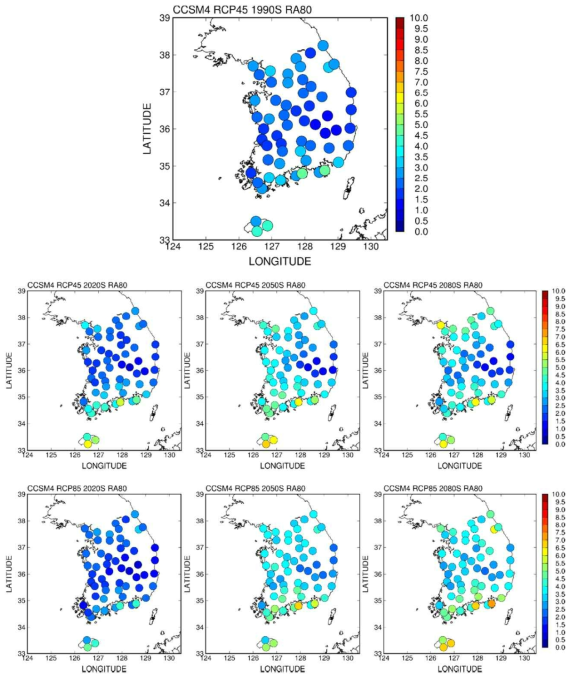 CCSM4 모형에 의한 ASOS 관측지점의 미래 호우일수(RA80) 변화