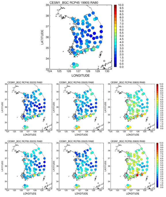CESM1_BGC 모형에 의한 ASOS 관측지점의 미래 호우일수(RA80) 변화