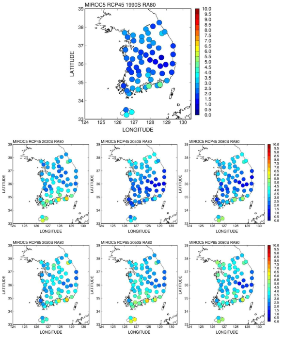 MIROC5 모형에 의한 ASOS 관측지점의 미래 호우일수(RA80) 변화