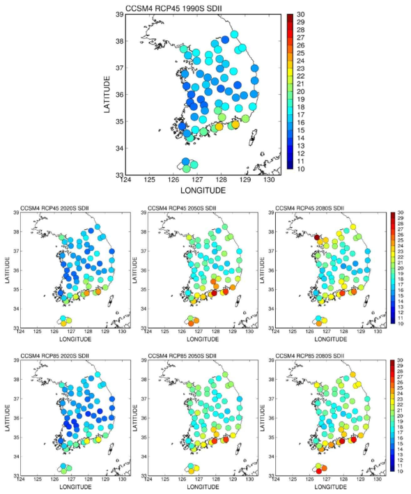 CCSM4 모형에 의한 ASOS 관측지점의 미래 강수강도(SDII) 변화