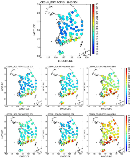 CESM1_BGC 모형에 의한 ASOS 관측지점의 미래 강수강도(SDII) 변화