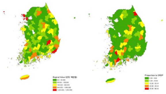 시·군별 농촌 어메니티의 연간 방문가치와 GRDP 대비 연간 방문가치(출처: 이홍림 외,2015)