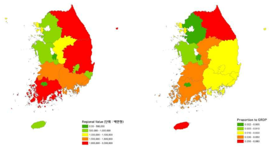 시·도별 농촌 어메니티의 연간 방문가치와 GRDP 대비 연간 방문가치(출처: 이홍림 외,2015)