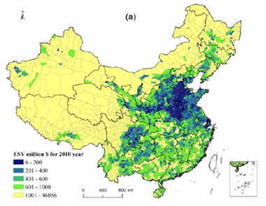 중국의 지역별 생태계서비스 가치(출처: Li et al., 2016)