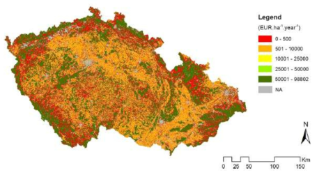 체코의 지역별 생태계서비스 가치(출처: Frélichová et al., 2014)