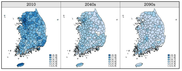 시·군별 65세 미만 농가인구 비중 전망