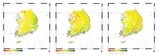 2001년부터 2010년까지의 NPP의 공간분포(좌: MODIS, 가운데: WorldClim Data, 우: RCP자료)