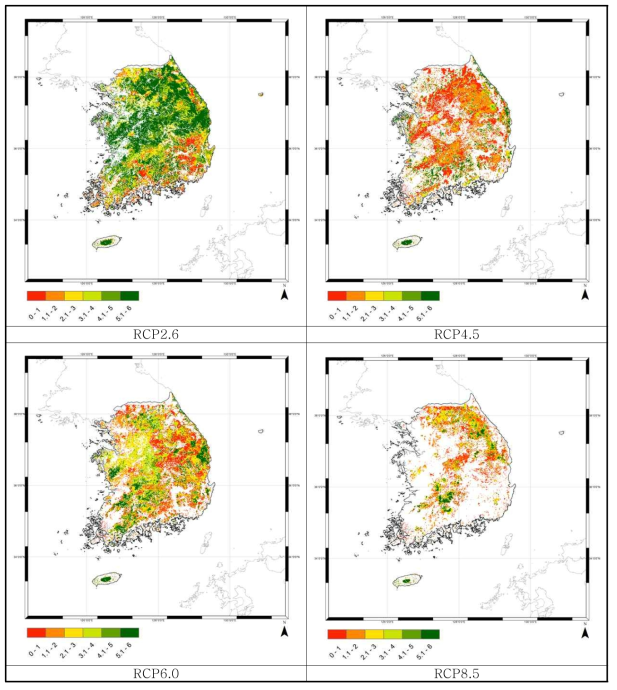 G4M을 활용한 2090년대의 산림생산성 변화 예측 결과