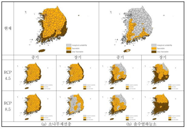 소나무재선충과 솔수염하늘소의 분포 예측 결과