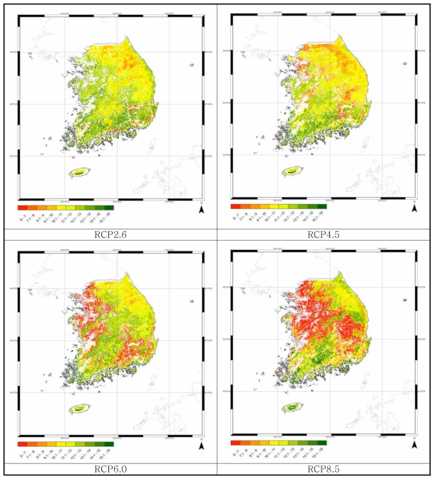 G4M을 활용한 적응대책 시행 후의 산림 생산성 변화 분포