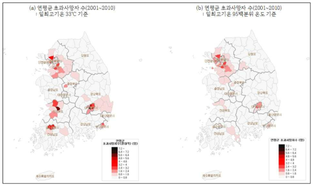 ‘폭염’의 조작적 정의에 따른 폭염에 의한 초과사망 영향 평가 결과(단위: 초과사망자수(명))