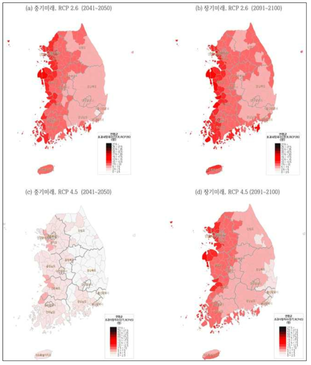 기후변화 시나리오를 적용한 미래 폭염에 의한 초과사망 영향 평가 결과(RCP 2.6, RCP 4.5)