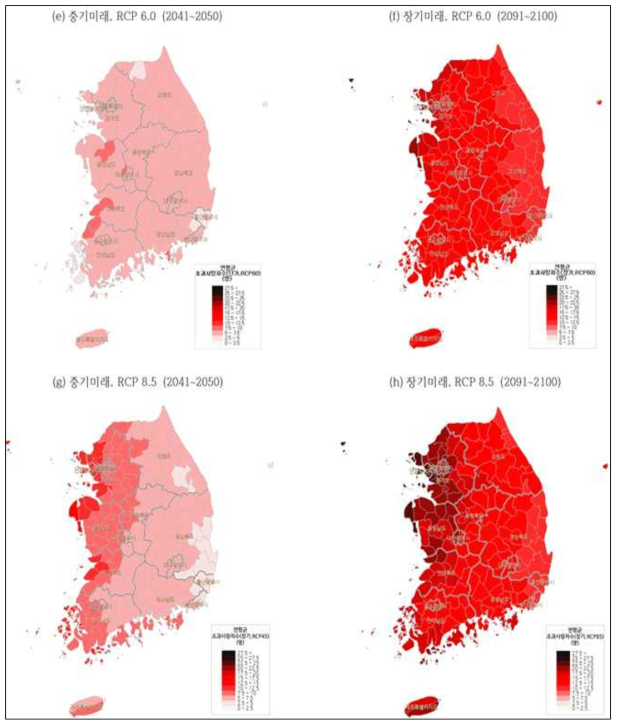 기후변화 시나리오를 적용한 미래 폭염에 의한 초과사망 영향 평가 결과(RCP 6.0, RCP 8.5)