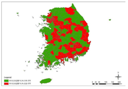 하수도보급률에 의한 대상지 유형화 결과(하수도보급률 75.2%)