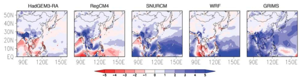 1989년부터 2008년까지의 CORDEX 모델별 20년 평균 일강수량 Bias
