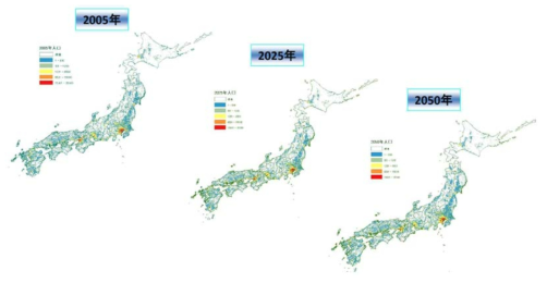 1km×1km 공간해상도의 일본 인구 시나리오 예측 결과