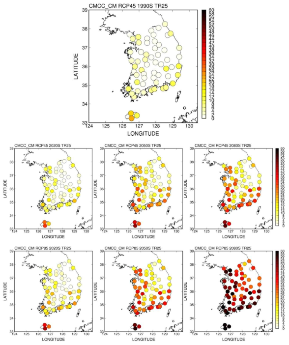 CMCC_CM 모형에 의한 ASOS 관측지점의 미래 열대야일수(TR25) 변화