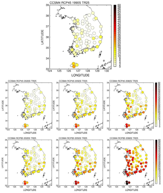CCSM4 모형에 의한 ASOS 관측지점의 미래 열대야일수(TR25) 변화