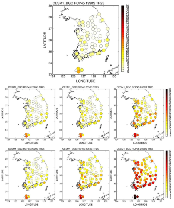 CESM1_BGC 모형에 의한 ASOS 관측지점의 미래 열대야일수(TR25) 변화