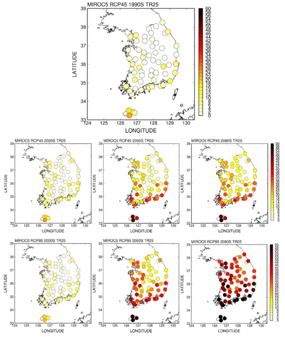 MIROC5 모형에 의한 ASOS 관측지점의 미래 열대야일수(TR25) 변화