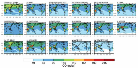 (a) MOPITT 위성과 (b) CCMI 모델 평균장, (c-q) 각 모델에서 나타난 2002－2008년 700 hPa 일산화탄소 분포(ppbv)